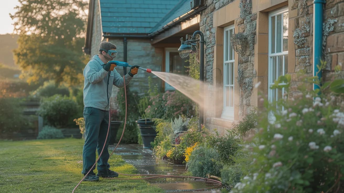 Professional softwashing service cleaning a Lancashire stone cottage